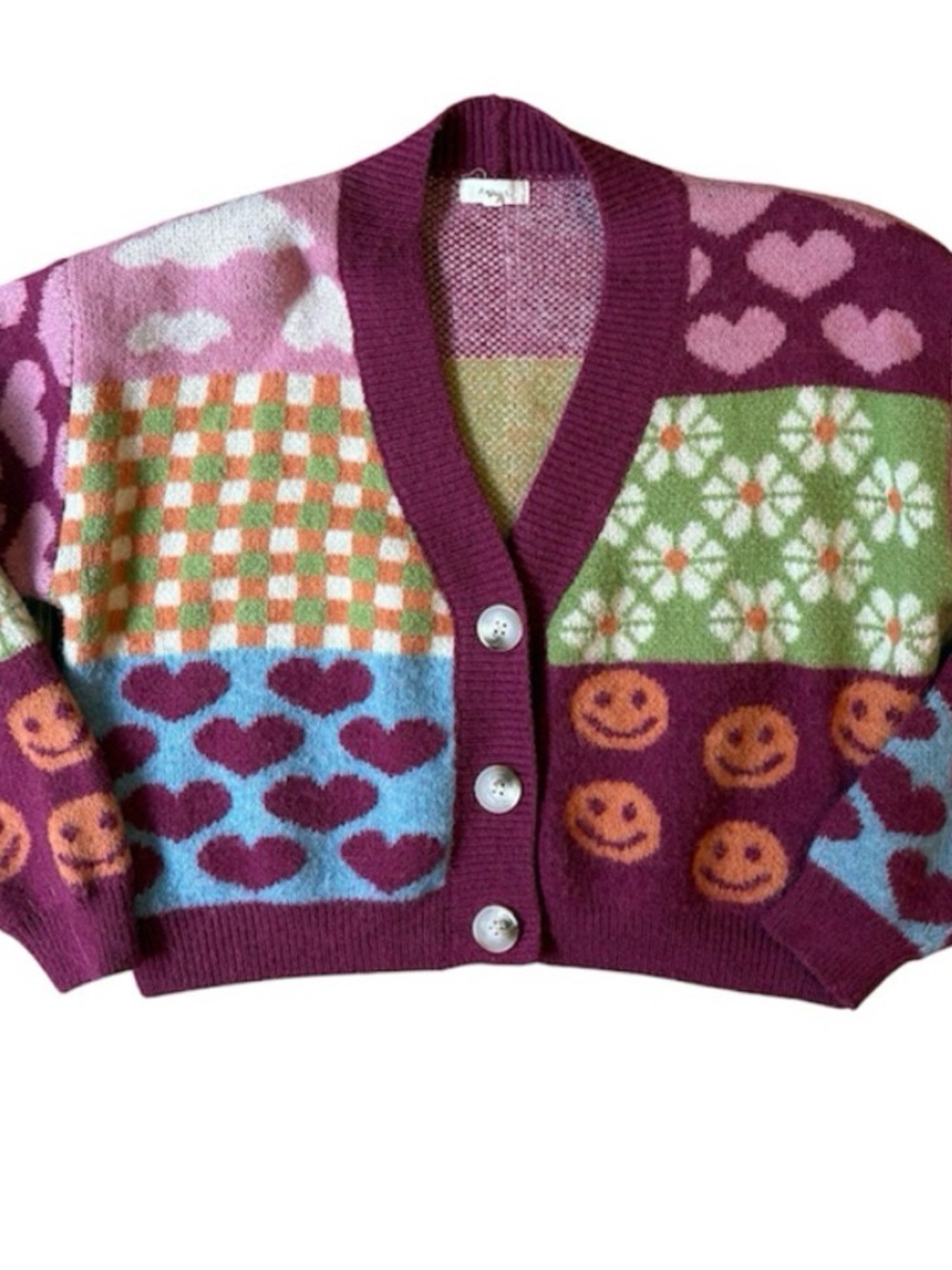 Debut Multi-Pattern Patchwork Cropped Cardigan Burgundy Pink Green Size S